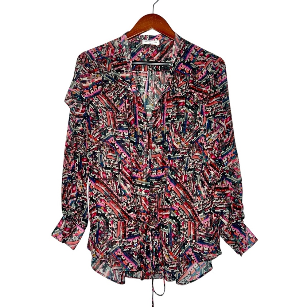 Megan Park‎ 100% Silk Long Sleeve Abstract Print Women's Blouse